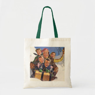 Vintage Christmas, Happy Family Toboggan Sledding Tote Bag