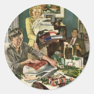 Vintage Christmas, Happy Family Wrapping Gifts Classic Round Sticker