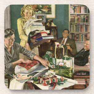 Vintage Christmas, Happy Family Wrapping Gifts Coaster
