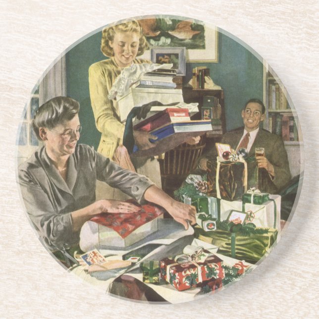 Vintage Christmas, Happy Family Wrapping Gifts Coaster (Front)