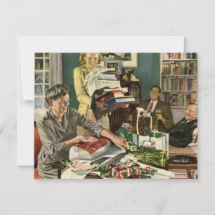 Vintage Christmas, Happy Family Wrapping Gifts Holiday Card
