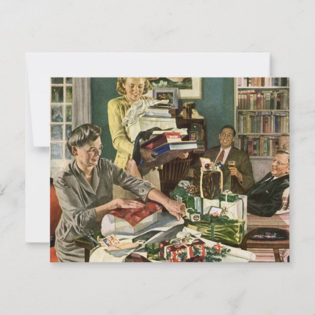 Vintage Christmas, Happy Family Wrapping Gifts Holiday Card (Front)