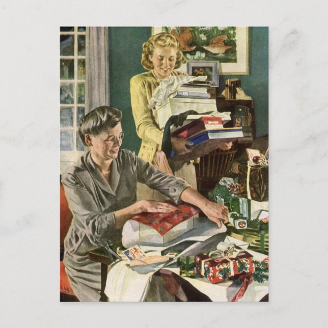 Vintage Christmas, Happy Family Wrapping Gifts Holiday Postcard (Front)