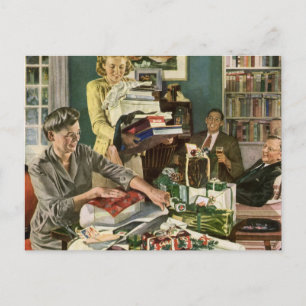 Vintage Christmas, Happy Family Wrapping Gifts Holiday Postcard