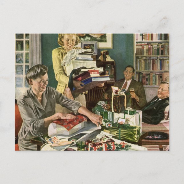 Vintage Christmas, Happy Family Wrapping Gifts Holiday Postcard (Front)