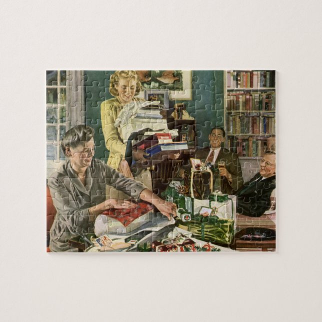 Vintage Christmas, Happy Family Wrapping Gifts Jigsaw Puzzle (Horizontal)