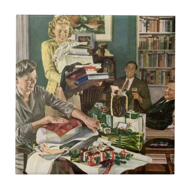 Vintage Christmas, Happy Family Wrapping Gifts Tile (Front)