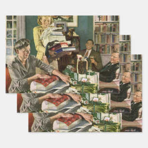 Vintage Christmas, Happy Family Wrapping Gifts Wrapping Paper Sheet