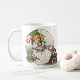Vintage Christmas, Happy Girl Playing with Dolls Coffee Mug
