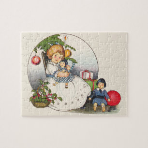 Vintage Christmas, Happy Girl Playing with Dolls Jigsaw Puzzle