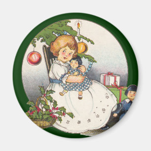 Vintage Christmas, Happy Girl Playing with Dolls Magnet