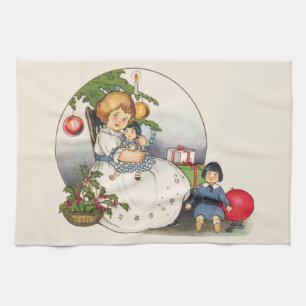 Vintage Christmas, Happy Girl Playing with Dolls Tea Towel