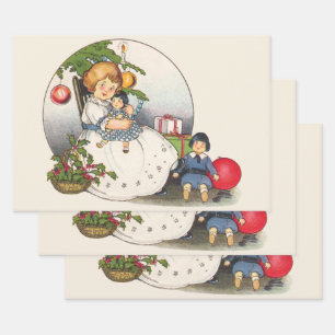 Vintage Christmas, Happy Girl Playing with Dolls Wrapping Paper Sheet
