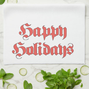Vintage Christmas, Happy Holidays Text Red Letters Tea Towel
