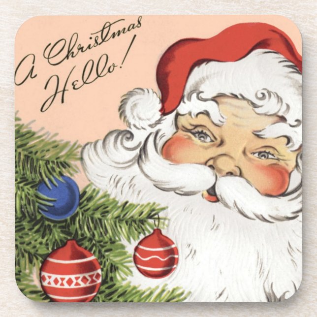 Vintage Christmas Hello! Jolly Santa Claus Coaster (Front)