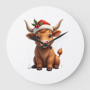Vintage Christmas Highland Cow Cute Holiday Farm A Large Clock