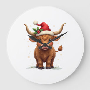 Vintage Christmas Highland Cow Cute Holiday Farm A Large Clock
