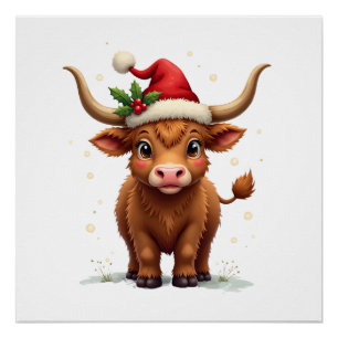 Vintage Christmas Highland Cow Cute Holiday Farm A Poster