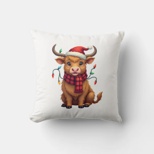 Vintage Christmas Highland Cow Cute Holiday Vector Cushion
