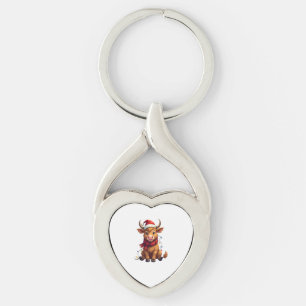 Vintage Christmas Highland Cow Cute Holiday Vector Key Ring