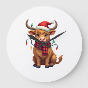 Vintage Christmas Highland Cow Cute Holiday Vector Large Clock