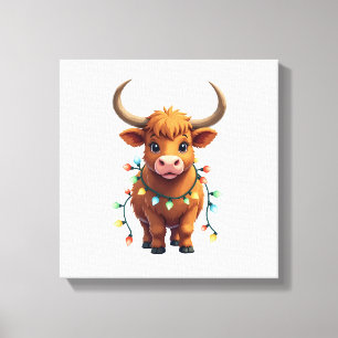 Vintage Christmas Highland Cow Cute Retro Holiday Canvas Print