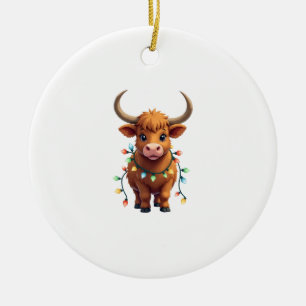 Vintage Christmas Highland Cow Cute Retro Holiday Ceramic Tree Decoration