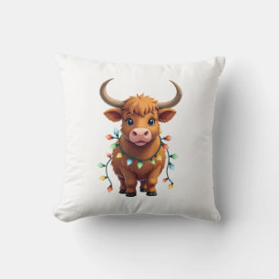 Vintage Christmas Highland Cow Cute Retro Holiday Cushion