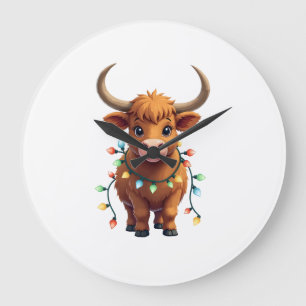 Vintage Christmas Highland Cow Cute Retro Holiday Large Clock