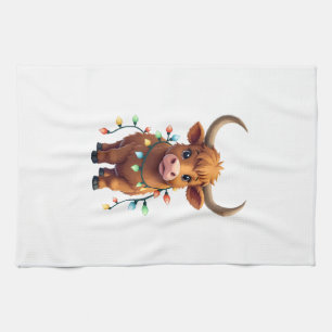 Vintage Christmas Highland Cow Cute Retro Holiday Tea Towel