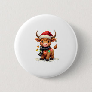 Vintage Christmas Highland Cow in Santa Hat and Bu 6 Cm Round Badge