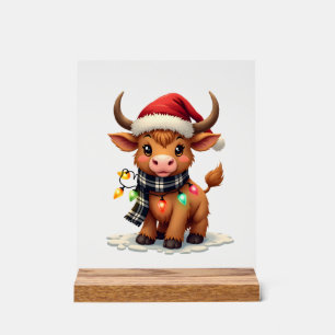 Vintage Christmas Highland Cow in Santa Hat and Bu Acrylic Sign