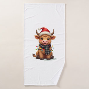 Vintage Christmas Highland Cow in Santa Hat and Bu Bath Towel