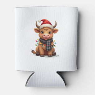 Vintage Christmas Highland Cow in Santa Hat and Bu Can Cooler