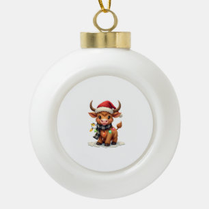 Vintage Christmas Highland Cow in Santa Hat and Bu Ceramic Ball Christmas Ornament