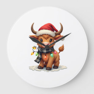 Vintage Christmas Highland Cow in Santa Hat and Bu Large Clock