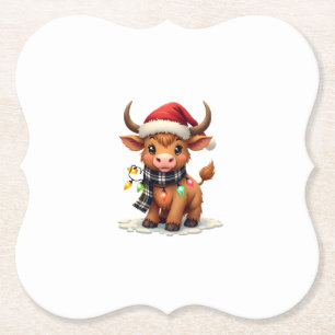 Vintage Christmas Highland Cow in Santa Hat and Bu Paper Coaster
