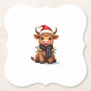 Vintage Christmas Highland Cow in Santa Hat and Bu Paper Coaster