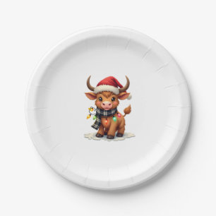 Vintage Christmas Highland Cow in Santa Hat and Bu Paper Plate