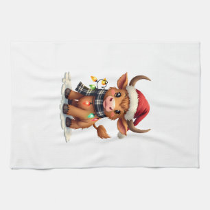 Vintage Christmas Highland Cow in Santa Hat and Bu Tea Towel