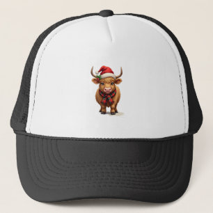Vintage Christmas Highland Cow in Santa Hat and Pl