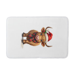 Vintage Christmas Highland Cow in Santa Hat and Pl Bath Mat