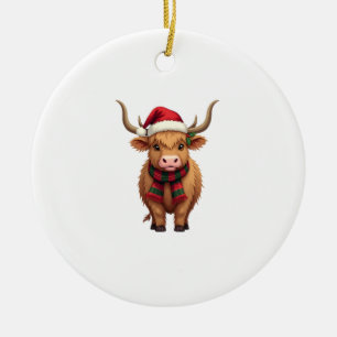 Vintage Christmas Highland Cow in Santa Hat and Pl Ceramic Tree Decoration