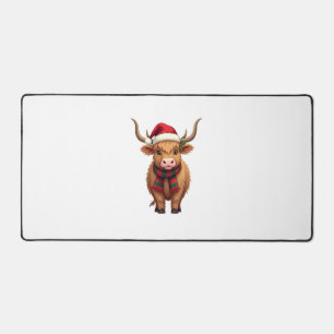 Vintage Christmas Highland Cow in Santa Hat and Pl Desk Mat