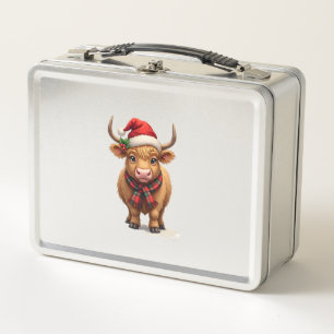 Vintage Christmas Highland Cow in Santa Hat and Pl Metal Lunch Box