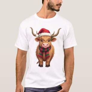 Vintage Christmas Highland Cow in Santa Hat and Pl T-Shirt