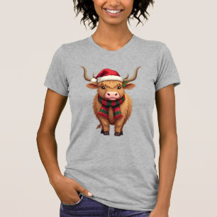 Vintage Christmas Highland Cow in Santa Hat and Pl T-Shirt
