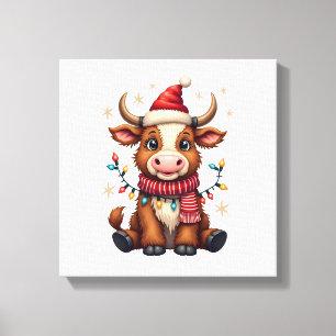 Vintage Christmas Highland Cow in Santa Hat Cute H Canvas Print