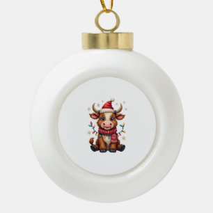 Vintage Christmas Highland Cow in Santa Hat Cute H Ceramic Ball Christmas Ornament