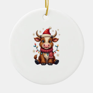 Vintage Christmas Highland Cow in Santa Hat Cute H Ceramic Tree Decoration